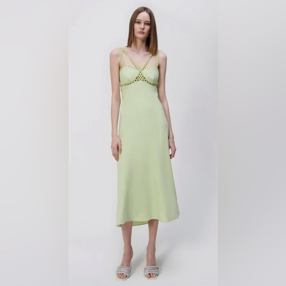 SIMKHAI SEVILLA CROCHET W/ METAL-RING HALTER MIDI DRESS LIME Sz various - Picture 7 of 7